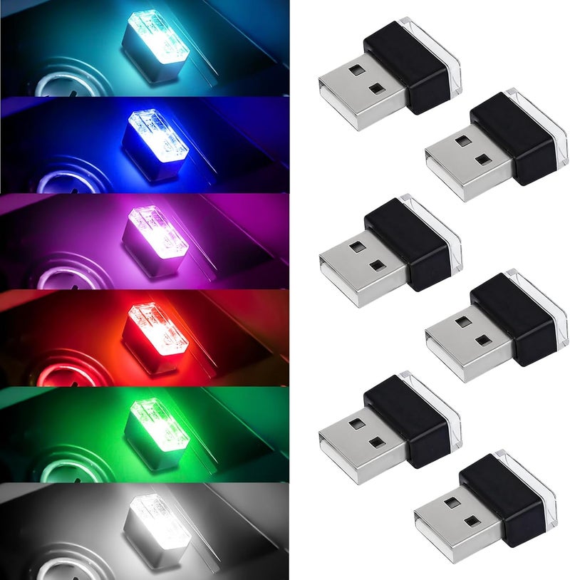 Hbxdeco 6 قطع مصباح داخلي LED للسيارة، ضوء ليلي صغير محمول، مجموعة إضاءة محيطة بواجهة USB، ملحقات داخلية عالمية للسيارة (6 ألوان) - Image 1